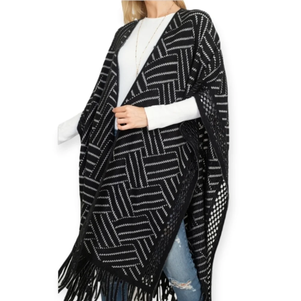 Herringbone Ruana With Fringe - Picture 5 of 12
